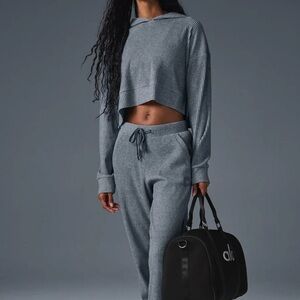 ALO Yoga Charcoal Women's Cropped Hoodie and Jogger Set